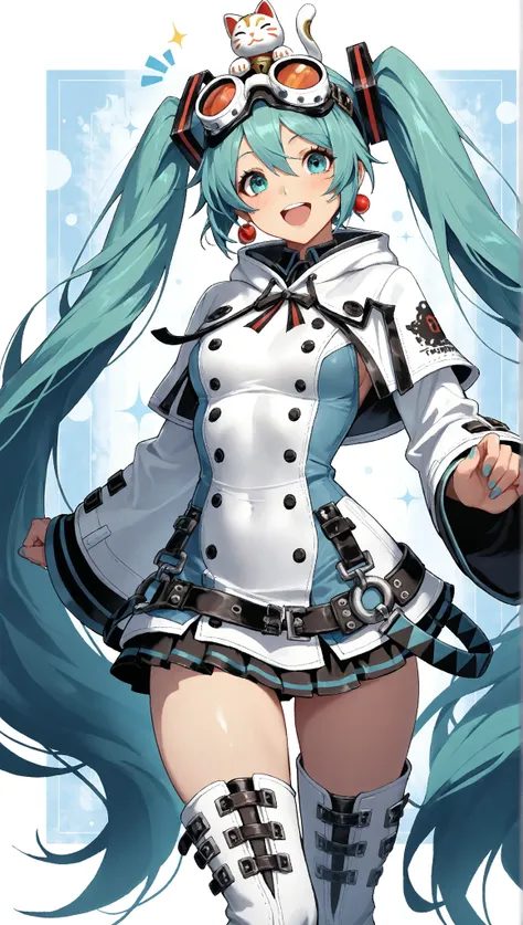  1 best girl ,  Hatsune Miku,  Guilty Gear , Winter Night Town  ,   Tide His Lip  ,  Enchanting Smiles,  Masterpiece,   top quality,    detailed biography ,   Complex Details,  miniskirt, blue futuristic clothes,  long boots ,chest, head big goggles,  Beau...