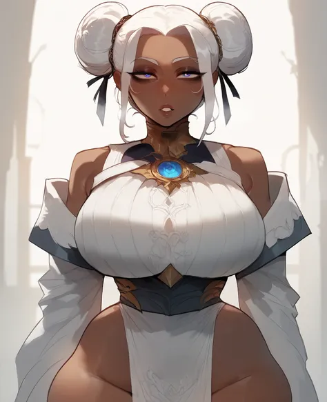 Score_9, Score_8_up, Score_7_up, Score_6_up, 1female, dark skin, huge double bun, wide hips, droopy eyes, neutral expression, parted lips, looking at viewer, by krekkov, by floox, by ratatatat74, best quality,