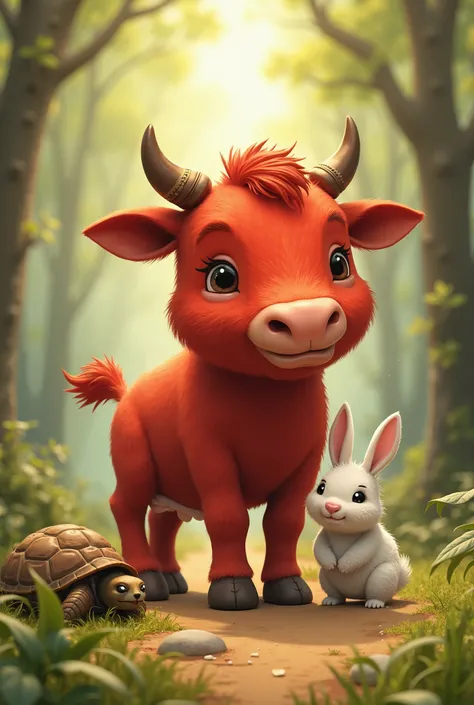 The red cow found a small rabbit, which itself wandered the way. Lali helped the rabbit and began to walk with him. On the way there was an elderly turtle, who said, "If you are kind-hearted and patient, Allah will surely show you the way. "
