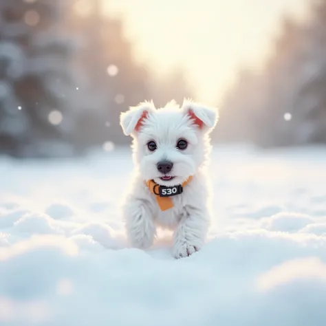 On the snow、white miniature schnauzer puppy、I'm wearing a collar with 530 in it