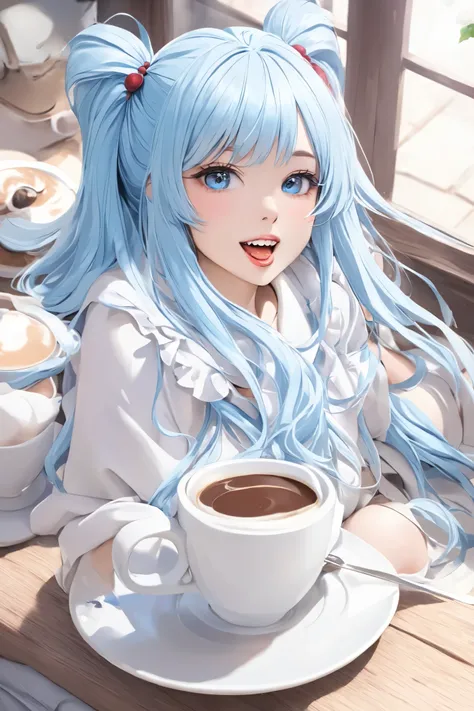 a woman sitting in a bowl with a cup of coffee, artwork in the style of Gwaiz, Gwaiz, teeth (( Drinking a cup of tea  )),  Light Blue Long Hair 、 beautiful twin-tail girl、With a cup of hot chocolate, Mysterious coffee shop girl , realteethtic cute girl pai...