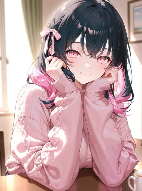 One person、 black hair、pink inner color hair、 pink eyes、 wave hair、 frill、ribbon、 sweater、 smile、 watching here、 Masterpiece、 top quality、 blurry background indoors、 depth of field、 natural light、 Soft Lighting 、 detail hair