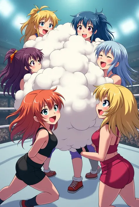 An anime-style illustration depicting many wrestler-girls playfully wrestling with each other inside a ring comical fight cloud.
each wrestler-girl has different colored hair.
their faces,hands,and feet are visible emerging from the cloud as they tussle hu...