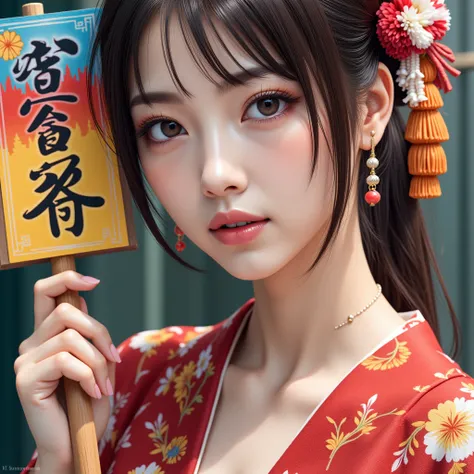 a woman holding a sign with japanese text, beautiful detailed eyes,beautiful detailed lips,extremely detailed eyes and face,longeyelashes,beautiful japanese woman,anime style, colorful sign, tatsuro yamashita music, by nagasawa rosetsu, ohararyu, rb 6 s, R...