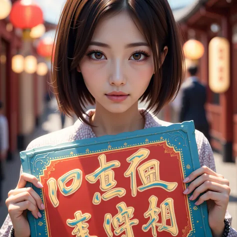 a woman holding a sign with japanese text, beautiful detailed eyes,beautiful detailed lips,extremely detailed eyes and face,longeyelashes,beautiful japanese woman,anime style, colorful sign, tatsuro yamashita music, by nagasawa rosetsu, ohararyu, rb 6 s, R...