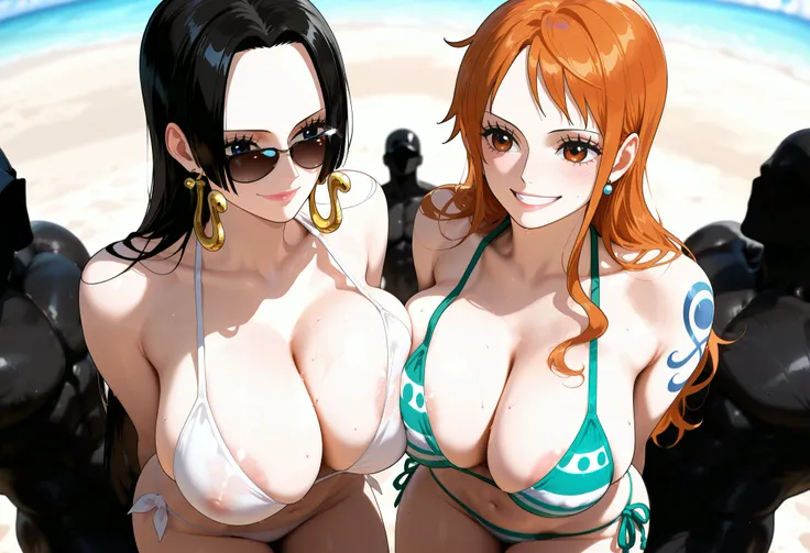 masterpiece, best quality, amazing quality, 2girl, (Nami, one piece, orange eyes, orange hair), (Boa Hancock, one piece, blue eyes, black hair), long hair, white bikini, very happy smile, cowboy shot, simple background, medium size boobs , golden ratio fac...