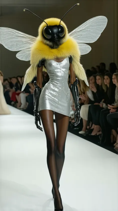 "A hybrid humanoid bee walking confidently down a couture runway. The figure has the body of a slender model with exoskeleton arms and legs, wearing black stockings and high heels. Her head is that of a lifelike bee, with compound reflective eyes, delicate...