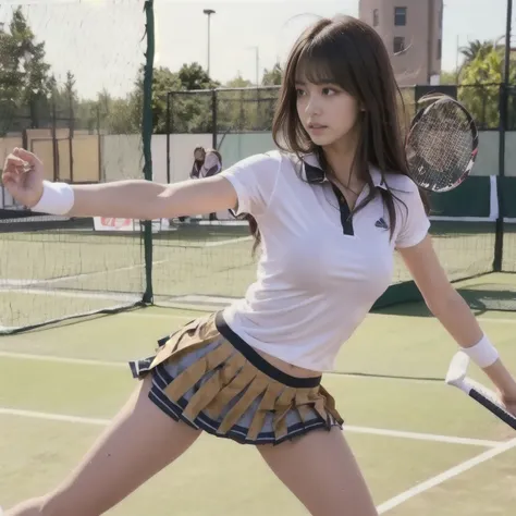 masterpiece,Product quality,Amazing High Definition , very detailed,Photo,cowboy shot, front view,( thighs emphasized:1.4), young and sexy Japanese woman ,20 years old, small smile ,(well-proportion:1.4) female college student, tennis circle , tennis court...