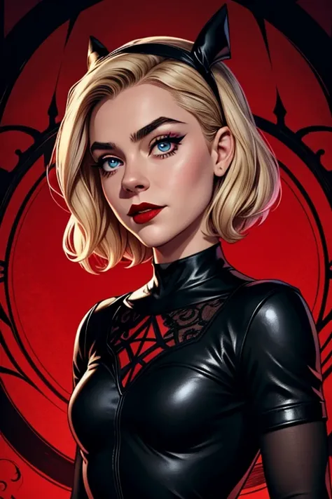 Sabrina Spellman from "Chilling Adventures of Sabrina" whose facial features are a combo of Kiernan Shipka + Melissa Joan Hart. Sabrina wears a black lace-and-leather dress. Sabrina has lovely makeup on her face. Sabrina wears red lipstick. "Chilling Adven...