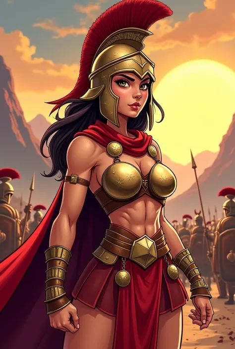 A fierce and powerful Spartan girl, illustrated in a bold, cartoon-style. She wears traditional Spartan armor, including a bronze helmet with a red crest, a leather chest plate, and a flowing red cape. Her muscular build and confident stance exude strength...