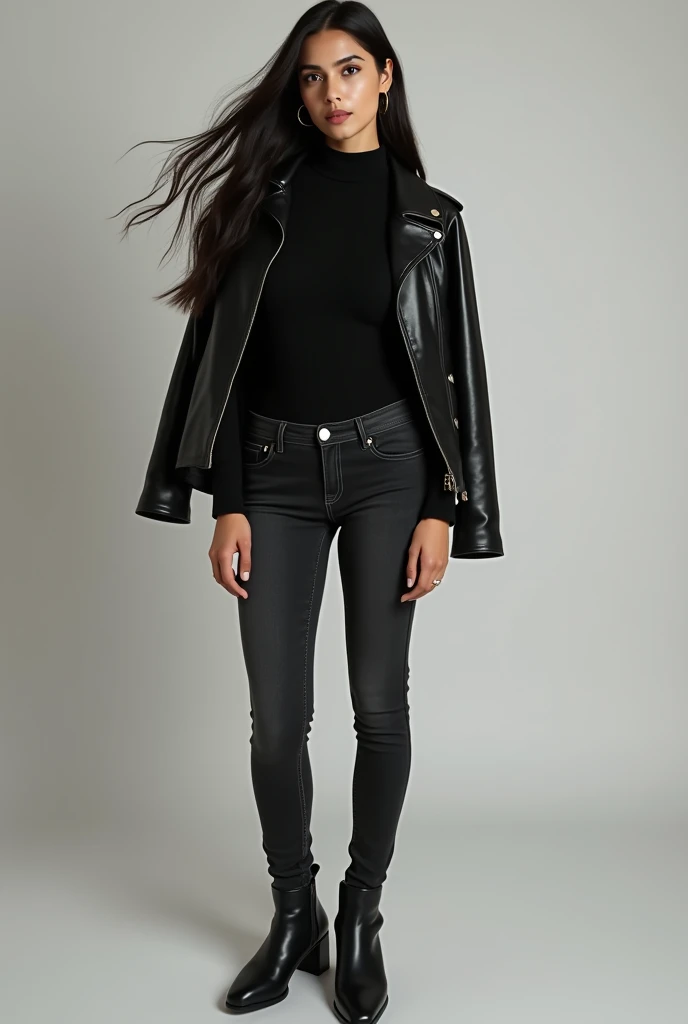 A Pakistan beautiful stylish women 20 years white skin and Black hair and black cotton pullover neck tight shirt and black shining leather jacket and denims Long pant  Black jeans pants and black shining boots full outfits standing stylish women high quali...