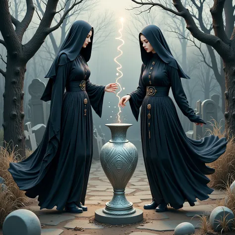 floating twin nuns in black robes standing beside a vase, inspired by Mobius and Aeon Flux, strong line art, occultist ritual, eerie graveyard with flowing eternal currents, Aeon Flux mixed style, pouring