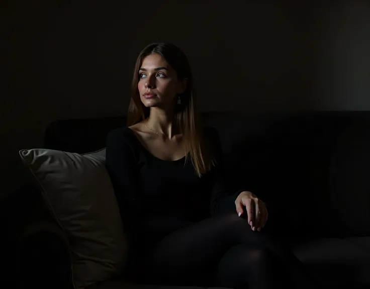 high quality photo of Polish woman in a black top and black stockings sitting on a sofa. light skin. light haze. darkness. sharpness photo, 