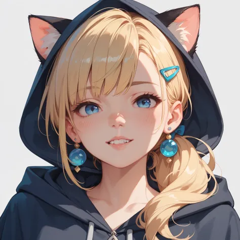 1girl, Solo, Long Hair, High Resolution, Blush, Blue eyes, Bangs, Blonde Hair, Simple background, Jewelry, Ponytail, Earrings, Teeth, Hair Clip, Cat Ears, Hood, 