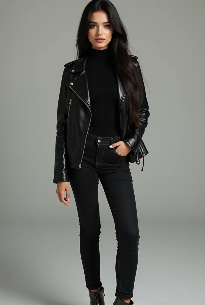 A Pakistan beautiful stylish women 20 years white skin and Black hair and black cotton pullover neck tight shirt and black shining leather jacket and denims Longpant long  Black jeans pants and black shining boots full outfits standing women high quality 8...