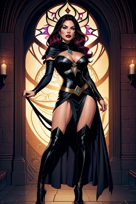 A full-body portrait of Kelly Brook as an evil sorceress in the vein of Marvel Comics's Morgan le Fey. Kelly wears a Medieval-style dress colored black and other dark colors. Kelly has dark but lovely makeup on her face. Symmetrical eyes. Symmetrical face....