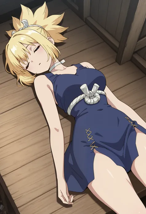 masterpiece, best quality, highres, newest, 1girl, solo, official style, anime screncap, kohaku, blonde hair, blue eyes, white choker, blue sleeveless dress, ponytail, dutch angle, closed eyes, laying on the floor, from the top, (((cenital shot)))), sleepi...