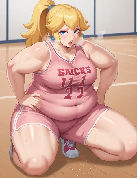 score_9, score_8_up, score_7_up, BREAK, 1girl, solo, princess peach, 1girl, solo, , blonde hair, ponytail, jewelry, makeup, casual, cowboy shot, blue eyes, looking at the viewer, large breasts, hand on hips, pink tanktop, sweaty, pink shorts, sweating prof...