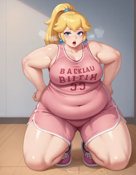 score_9, score_8_up, score_7_up, BREAK, 1girl, solo, princess peach, 1girl, solo, , blonde hair, ponytail, jewelry, makeup, casual, cowboy shot, blue eyes, looking at the viewer, large breasts, hand on hips, pink tanktop, sweaty, pink shorts, sweating prof...