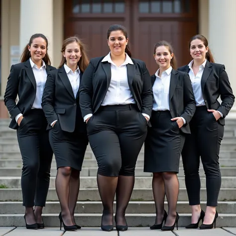  young , age , Poland, girls, agers, uczennice middle school,  full figure ,  business suit , blouse, (ponytail 0,3), stockings,  stiletto heels with ankle straps,  stairs in front of the entrance to the Polish school,  smiles ,  looking at the camera ,  c...