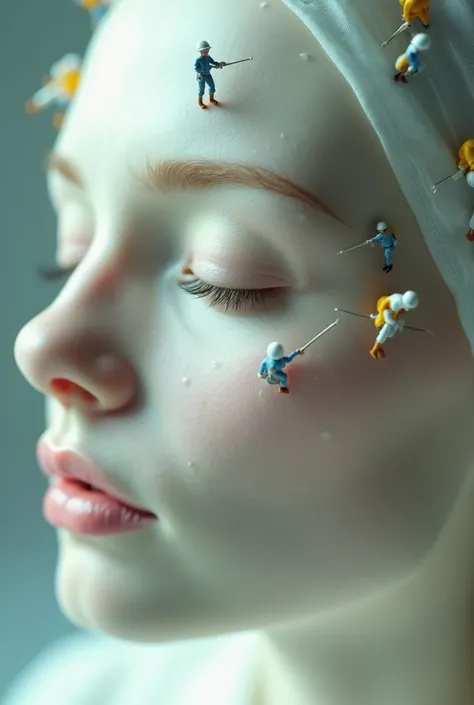 A surreal video of tiny people working on a woman’s smooth face, as if they are painting or repairing the skin.