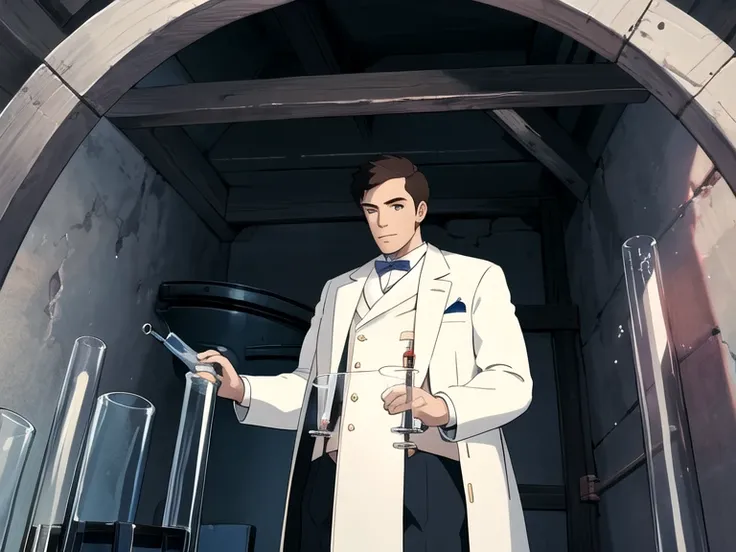  A handsome man in a white coat is doing an experiment in a 　 secret laboratory in the basement　Shining Test Tube 