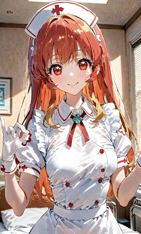 Girl making a handjob gesture, from the chest up, eye cutlet, red eyes, blonde, Ichigo Hoshimiya, RED_HAIR_Band masterpiece, highest quality, ultra-fine, ultra-fine skin, extremely delicate and beautiful, detailed and beautiful eyes, solo, nurse, ((white n...