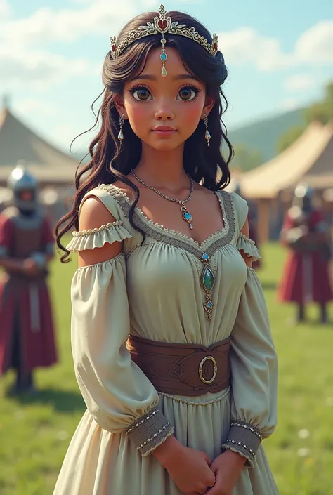 hair: dark brown eyes :Dark brown and medium size. s Height: medium Skin color : olive. Daily clothing :  dress has a round neckline that fits well the upper body . Gender:  feminine.Inspired by the Middle Ages.. hair ondulado.  Face a little round. Medium...