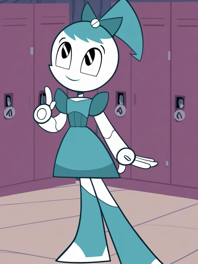 dance dress jenny, jenny wakeman, 1girl, solo, robot joints, black eyes, white skin, blue hair, ponytail, hair bow, poofy dress, flat lighting, smile, closed mouth, looking at viewers, indoors, arms at side, lockers, hallways, detailed background, vibrant ...