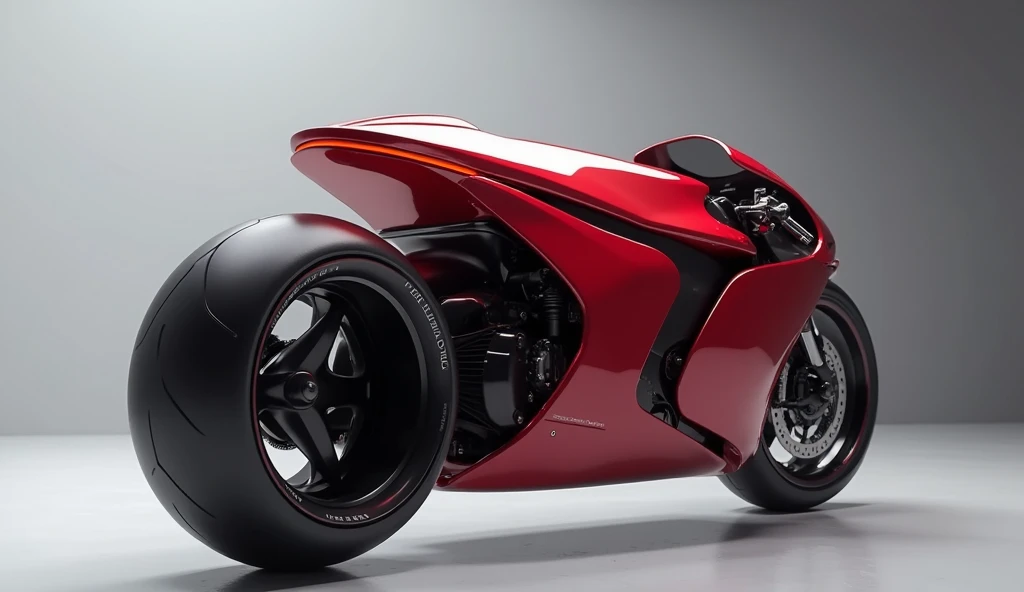 Generate a high-resolution, fully realistic back side view image of a (2025 American Cruiser Motorcycle  ) in ( red Color ) , with a sleek and modern exterior, futuristic wheels, and a shimmering body color, displayed in a luxurious showroom with a. The im...