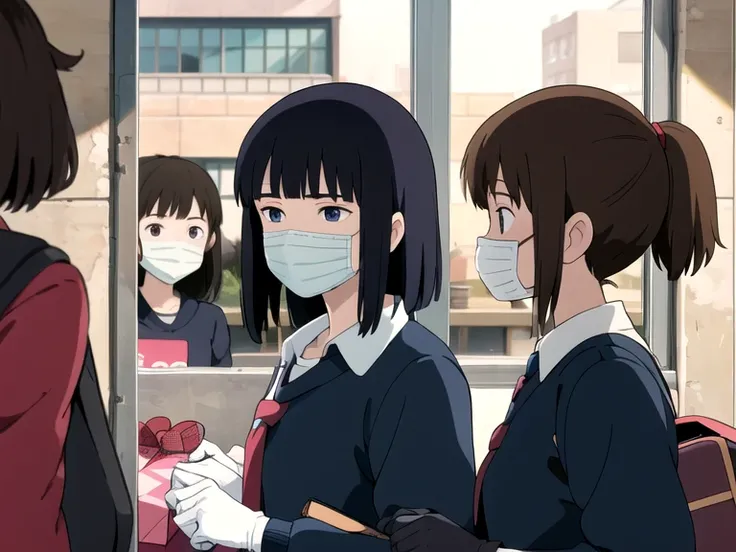  high school girls are having fun getting chocolate for Valentine's Day gifts, gloves and hygiene masks、They all wear triangles on their heads to make it hygienic 