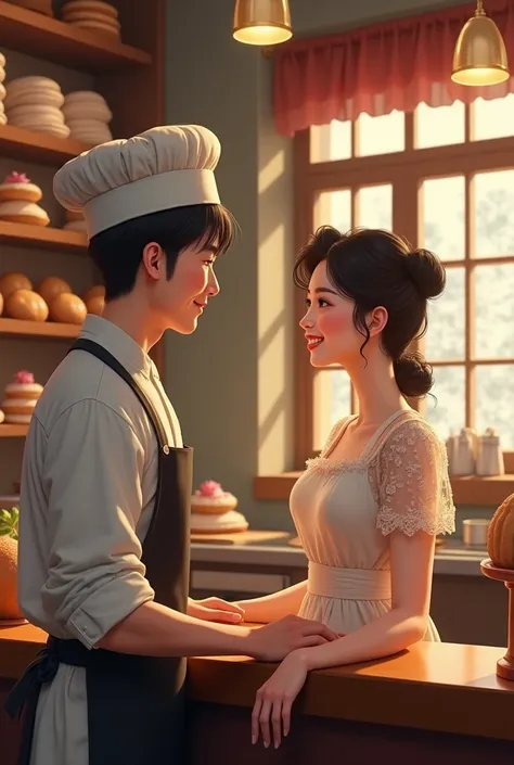 Asian  man with, baker, in a bakery, with a beautiful woman customer in counter.