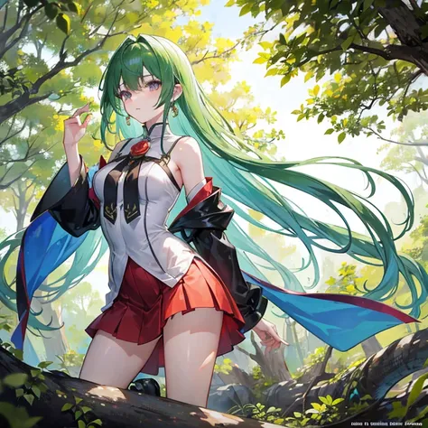   The anime girl in a lightweight witch costume  , She's long ,  flowing hair flying in the wind  ,   leaning against the rough bark of an ancient tree  ,   with sexy {x} Divine and provocative gestures attract nearby mercenaries.  Her whole body showed  ,...