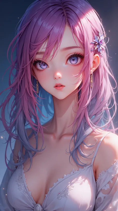  Charming girl ， has pink and purple blue hair ， Feminine and delicate face ，Delicate features ， and bronze skin tone 。 Her pale skin shows feminine softness and fine details。