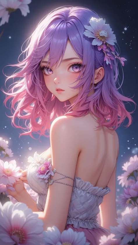  Charming girl ， has pink and purple blue hair ， Feminine and delicate face ，Delicate features ， and bronze skin tone 。 Her pale skin shows feminine softness and fine details。