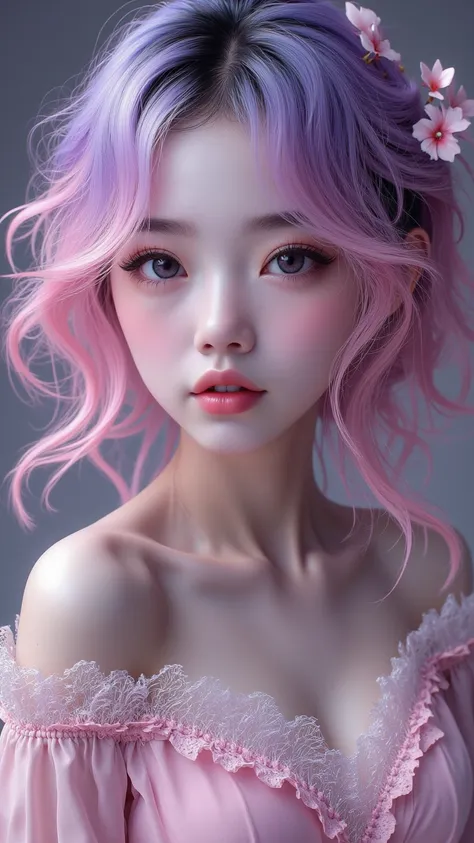  Charming girl ， has pink and purple blue hair ， Feminine and delicate face ，Delicate features ， and bronze skin tone 。 Her pale skin shows feminine softness and fine details。