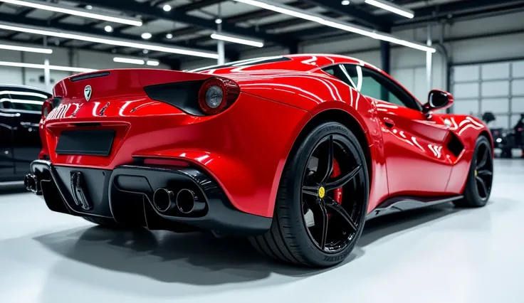 A back side view photo of a red 2025 Ducati Panigale V4 with a sleek, full modified, modern design. The car is parked on a white surface. The background is a workshop with white lights. The photo reveals the luxurious interior. The overall ambiance is slee...