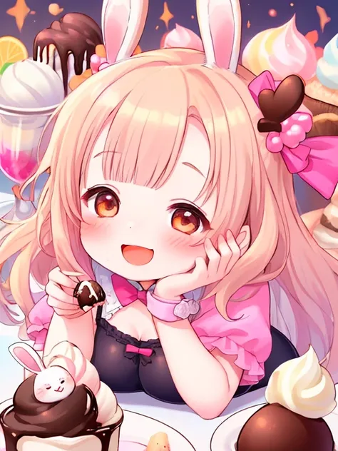 Young girl， chibi, chubby  ， obesity，Bunny ears，裸エプロン💕全身ショット   ， ice cream， Chocolate Chips，smile，Full of happiness，sex💕ecstasy💕🥃　🍑🍑🍑