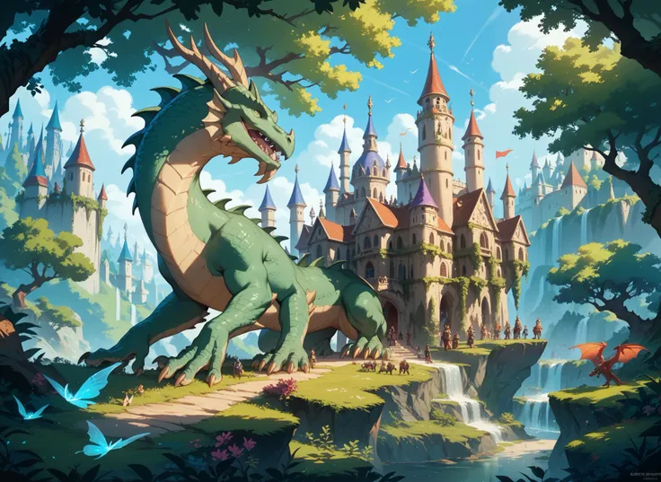 A highly detailed and vibrant fantasy illustration, depicting a magical kingdom with castles, knights, wizards, dragons, enchanted forests, and mysterious portals. The scene is divided into multiple sections, each