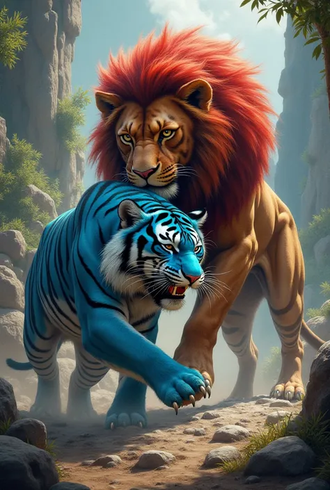 A lion in red colour and the lion fighting with blue colour tiger 