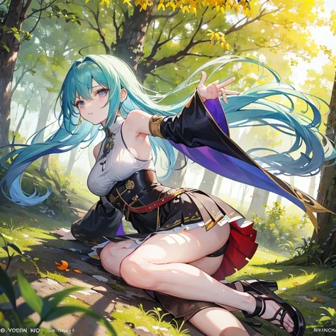   The anime girl in a lightweight witch costume  , She's long ,  flowing hair flying in the wind  ,   leaning against the rough bark of an ancient tree  ,   with sexy {x} Divine and provocative gestures attract nearby mercenaries.  Her whole body showed  ,...