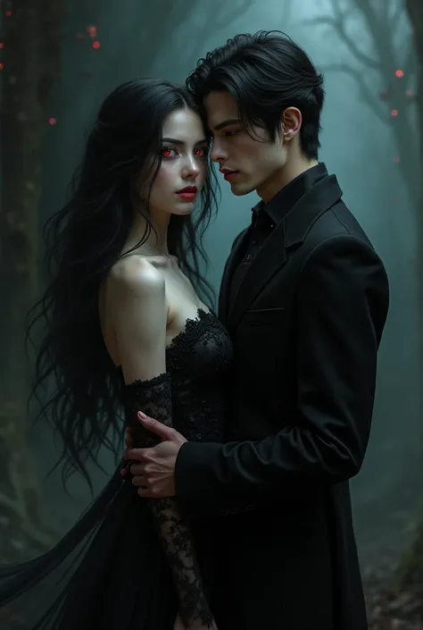 Make dark fantasy art of a beautiful vampire woman with long black hair , with red eyes and pale skin along with a gentleman with beautiful black hair and long but not so much. (They are not a couple)