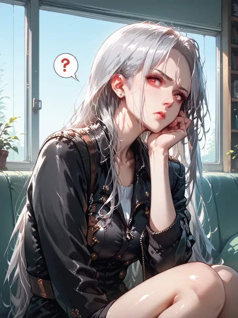 (Confused, High resolution, Very detailed), 1 female, Silver Hair,Long Hair,Red Eyes,black pilot jacket,24th generation,beauty,mature,thin,quiet,Calm,Looks sad,Sit with your knees hugged