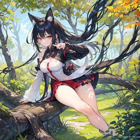   The anime girl in a lightweight witch costume  , She's long ,  flowing hair flying in the wind  ,   leaning against the rough bark of an ancient tree  ,   with sexy {x} Divine and provocative gestures attract nearby mercenaries.  Her whole body showed  ,...