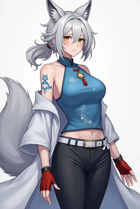 Mature woman, adult woman, fantasy, wild hair, short white hair, long ponytail, parted bangs, mark on forhead, blue eyes, yellow eyes, backless blue chinese shirt, design on shirt, white long coat, black pants, shorts, white belt, red charm on shirt, fox e...