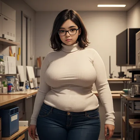 timid short petite cute chubby Mexican nerdy emo teen, medium slightly curvy hair, cute detailed brown eyes, cutely detailed lips, cute highly detailed eyes and face, voluptuous breasts, thin thighs, chubby hips, long sleeve plain turtleneck tucked in blac...