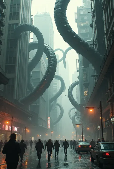 Q2 Open plan of the city ,  metal tentacles emerge from the asphalt and the walls of buildings.  People are running around scared .  One of these tentacles grabs an empty car .