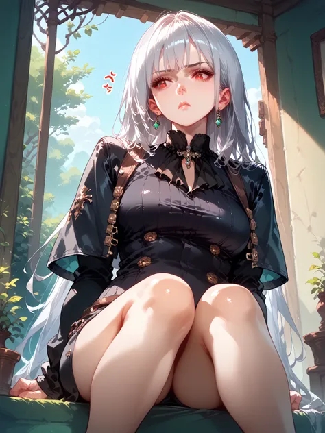 (Confused, High resolution, Very detailed), 1 female, Silver Hair,Long Hair,Red Eyes,black pilot jacket,24th generation,beauty,mature,thin,quiet,Calm,Looks sad,Sit with your knees hugged