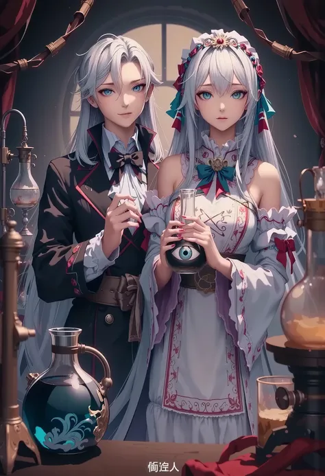 a mad scientist and their assistant in an underground laboratory, mad scientist, crazy smile, assistant, creepy smile, In her hand she holds a flask containing a one-eyed, black, smoky creature. highly detailed, underground laboratory, torture devices, sin...