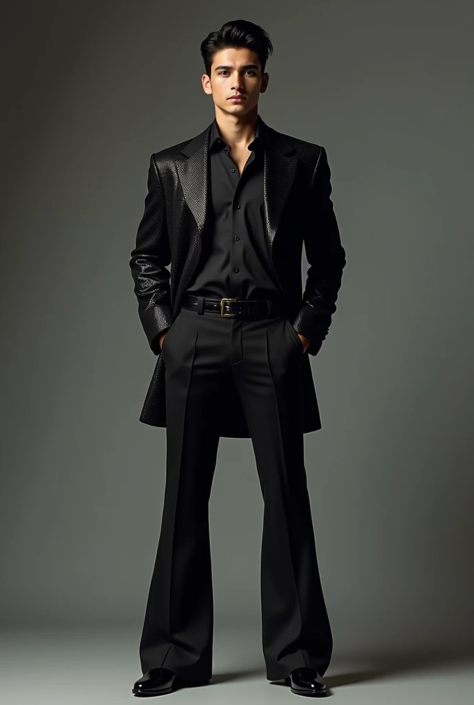 A Pakistan beautiful stylish man 20 years white skin and Black hair and black shining formal shirt and black shining pants Bell bottom pants and black latex boots full outfits standing Man high quality 8k uhd upscale realistic 